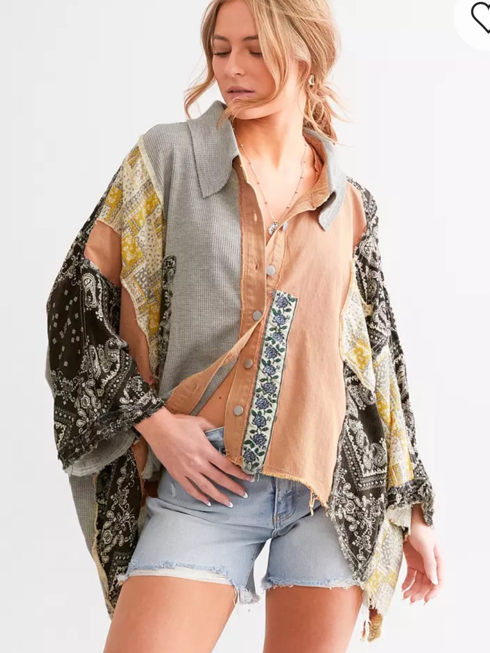 POL Patchwork Button-Front Top in Beige, Black and Yellow